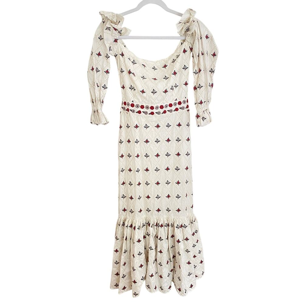 EDDY Tuckernuck Maggie Embroidered Puff Sleeve Midi Dress Off The Shoulder NEW S